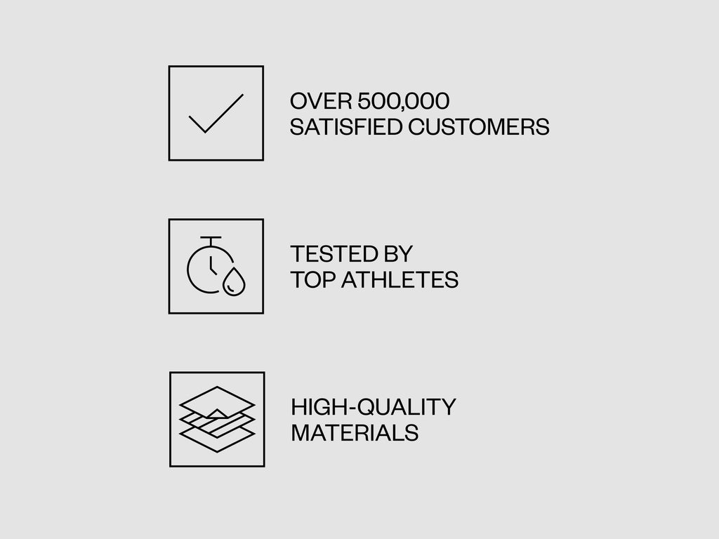 Three bullet points that state "Over 500,000 satisfies customers", "tested by top athletes", "high-quality materials"