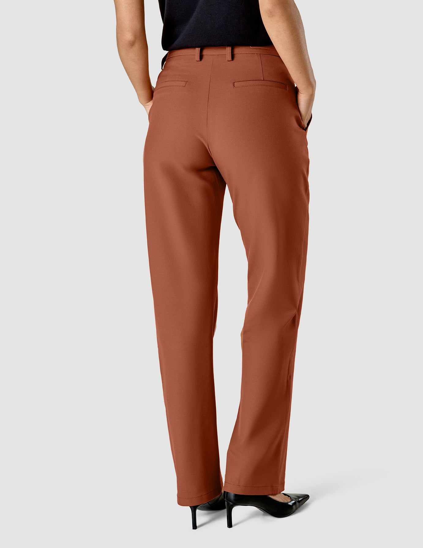 Terracotta linen flat-front regular fit Women Trousers | Sumissura